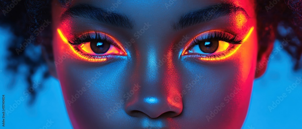 Afrofuturistic woman with digital face art, neon lights, closeup, direct camera angle Afrofuturistic woman with digital face art, neon lights, closeup, direct camera angle