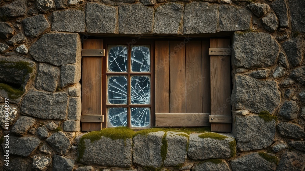 A rustic window with a shattered pane of glass set within a rough-hewn stone wall, covered with moss A rustic window with a shattered pane of glass set within a rough-hewn stone wall, covered with moss