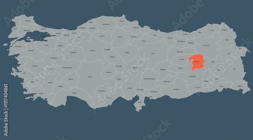 Map of Turkey Highlighting Bingöl Region with Labeled Provinces photo