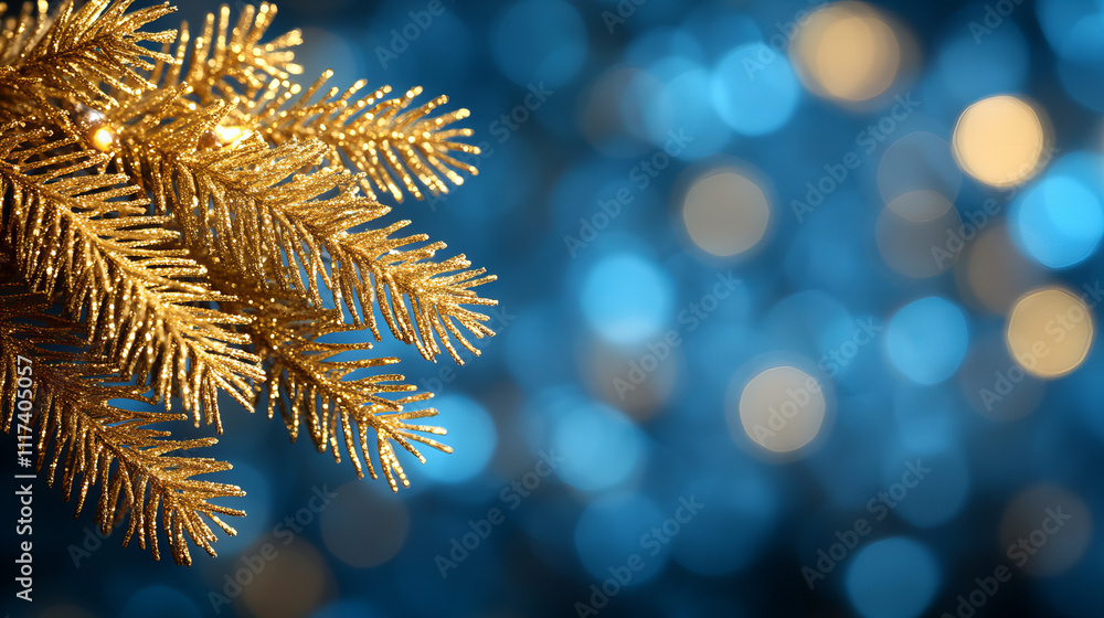 Golden pine branches with shimmering bokeh lights create festive atmosphere. vibrant blue background enhances holiday spirit, perfect for seasonal celebrations Golden pine branches with shimmering bokeh lights create festive atmosphere. vibrant blue background enhances holiday spirit, perfect for seasonal celebrations