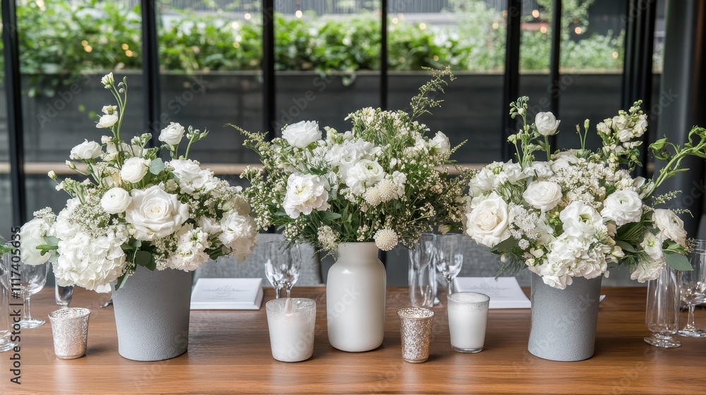 Elegant white flower arrangements in gray vases on a wooden table. Elegant white flower arrangements in gray vases on a wooden table.