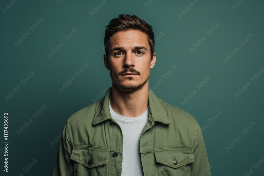 Obraz premium A man with a beard and a green jacket is standing in front of a green wall