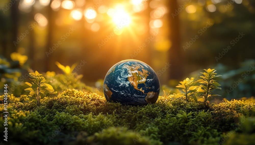 Earth on lush green moss, glowing sunlight, concept of environmental sustainability, closeup, vibrant colors Earth on lush green moss, glowing sunlight, concept of environmental sustainability, closeup, vibrant colors