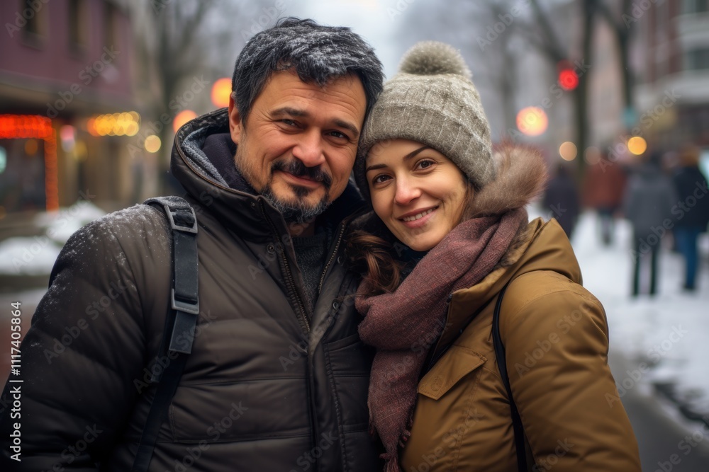 A man and woman are smiling for the camera in the snow A man and woman are smiling for the camera in the snow