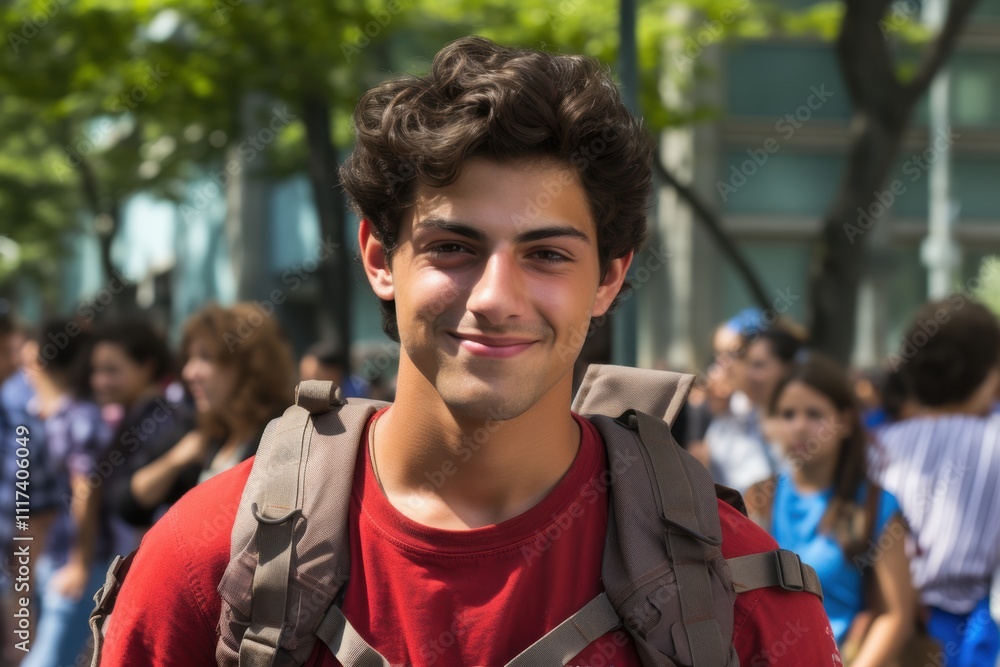 A young man wearing a red shirt and a backpack is smiling for the camera A young man wearing a red shirt and a backpack is smiling for the camera