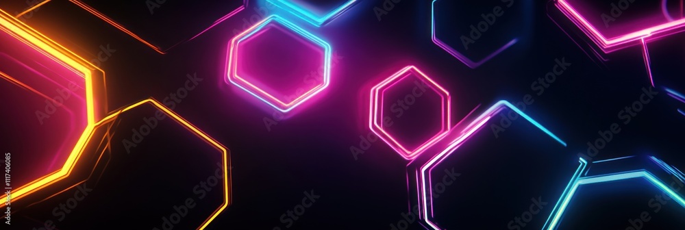 Abstract neon hexagons on a dark background, creating a vibrant, modern aesthetic. Abstract neon hexagons on a dark background, creating a vibrant, modern aesthetic.