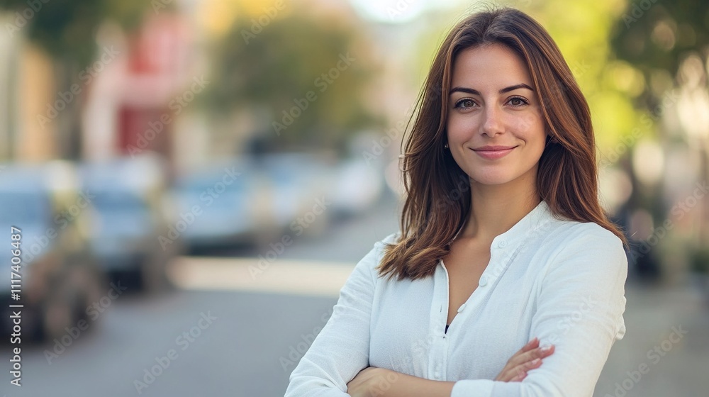 Portrait of a beautiful woman on the street with her arms crossed on her chest. Copy space. Portrait of a beautiful woman on the street with her arms crossed on her chest. Copy space.