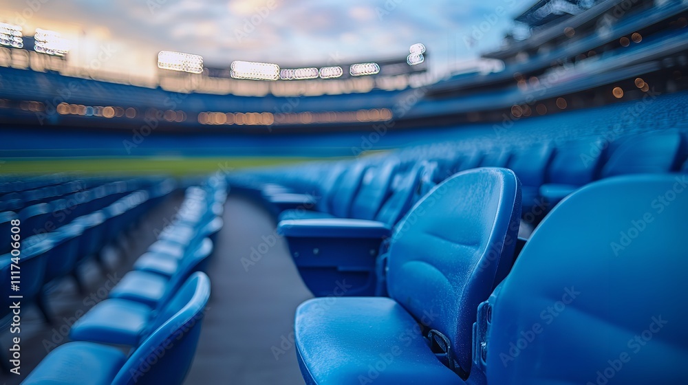 Fototapeta premium Rows of seats in an outdoor stadium with blue seats. Generative Ai