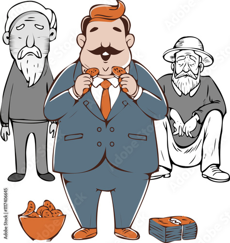 Rich Fat Capitalist in Suit Consuming Food front of the Poor Cartoon