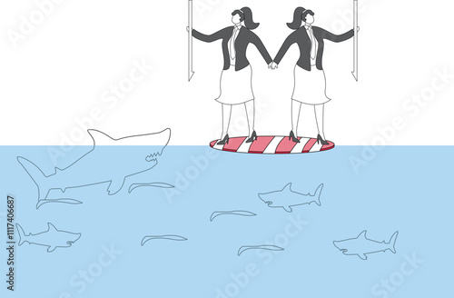Working together through risks and crises, unity and trust, solving problems and troubles together, two businesswomen with harpoons standing on floating bills together against sharks in the wate