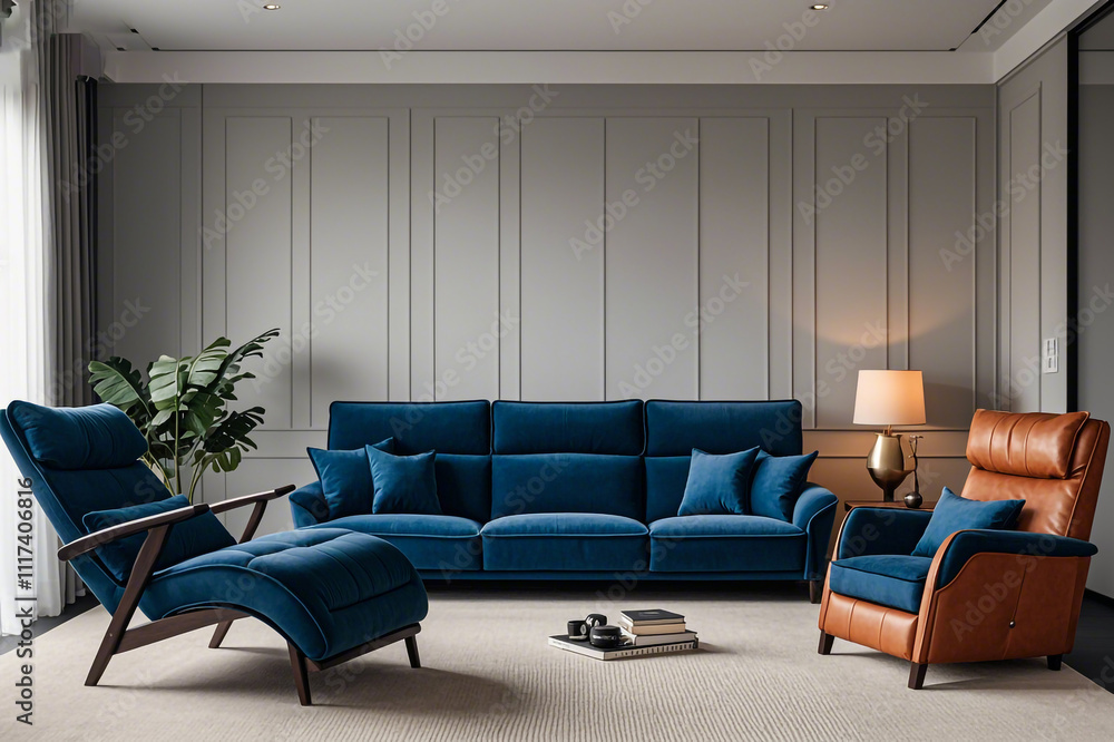 Fototapeta premium Dark blue sofa and recliner chair room architecture furniture