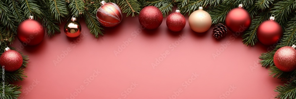 A vibrant display of various Christmas ornaments elegantly arranged in a circular pattern against a soft pink background. A vibrant display of various Christmas ornaments elegantly arranged in a circular pattern against a soft pink background.