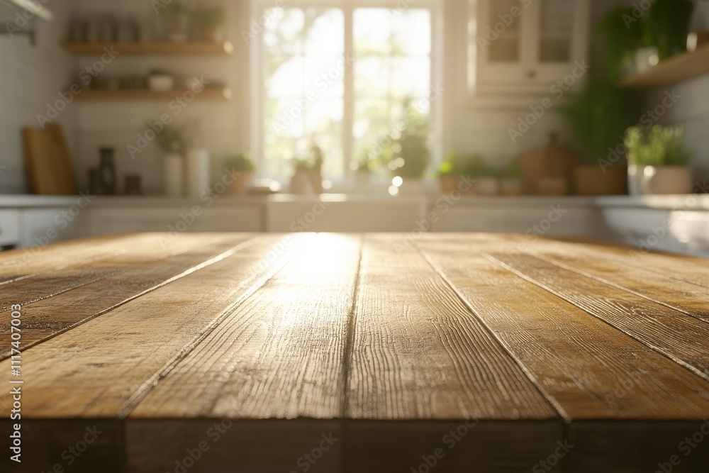 A sunlit wooden table in a cozy kitchen setting, surrounded by plants and natural light. A sunlit wooden table in a cozy kitchen setting, surrounded by plants and natural light.