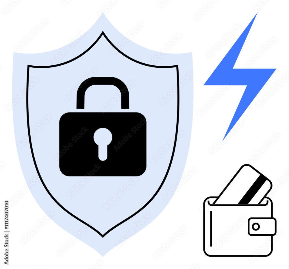 Shield with a lock, blue lightning bolt, and wallet with cards. Ideal for financial security, data protection, digital payments, fast transactions, online safety, cybersecurity and secure access Shield with a lock, blue lightning bolt, and wallet with cards. Ideal for financial security, data protection, digital payments, fast transactions, online safety, cybersecurity and secure access