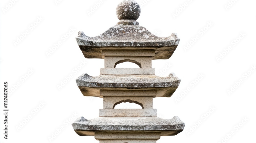 A traditional stone lantern with three tiers, often found in Japanese gardens. A traditional stone lantern with three tiers, often found in Japanese gardens.