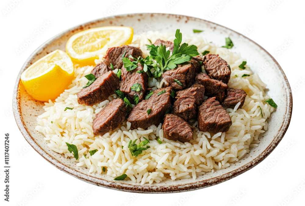 Delicious beef served over fluffy rice with lemon, cut out - stock png. Delicious beef served over fluffy rice with lemon, cut out - stock png.