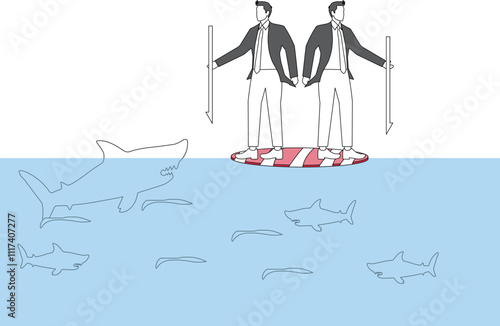 Working together through risks and crises, unity and trust, solving problems and troubles together, two businessmen with harpoons standing on floating bills together against sharks in the wate