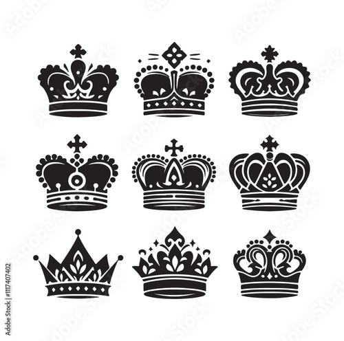 Kings crown icon set silhouette vector illustration