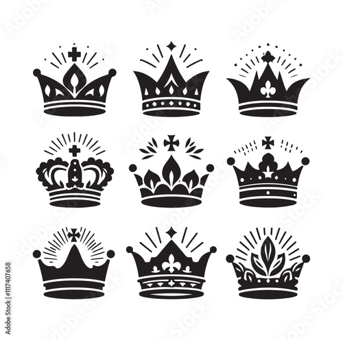 Kings crown icon set silhouette vector illustration