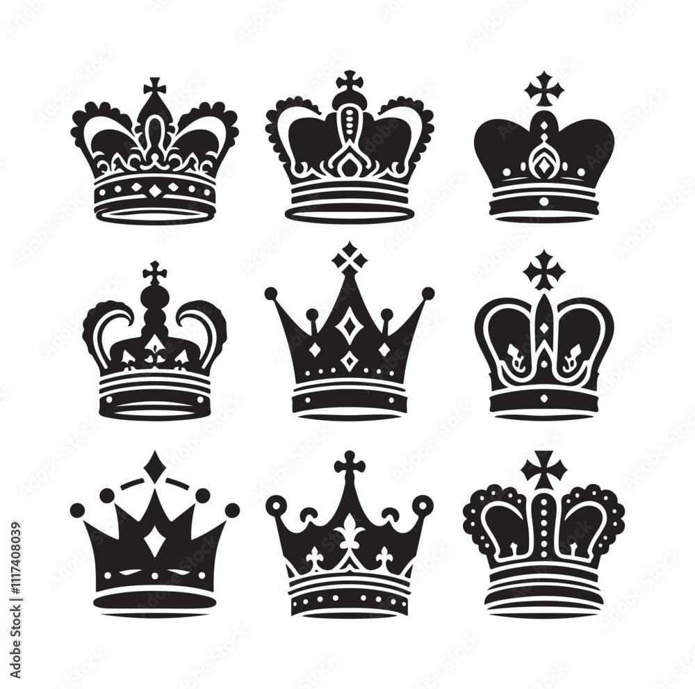 Fototapeta premium Kings crown icon set silhouette vector illustration