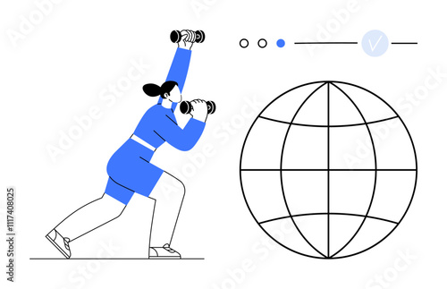 Woman lifting dumbbells in an exercise pose beside a globe icon, progress dots, and check mark. Ideal for health, fitness, exercise routine planning, wellness, global health awareness, goal setting