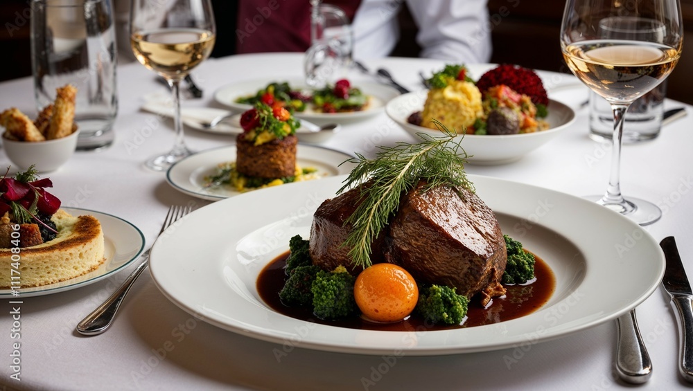 A gourmet dinner table setting with champagne, featuring a delectable spread of seafood, steak, and fresh vegetables A gourmet dinner table setting with champagne, featuring a delectable spread of seafood, steak, and fresh vegetables