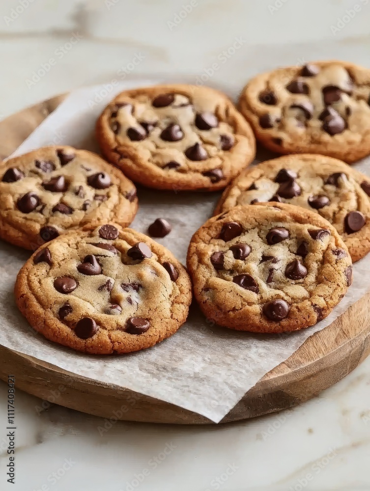 Freshly baked chocolate chip cookies arranged on a wooden board, showcasing their golden edges and gooey chocolate chips. Freshly baked chocolate chip cookies arranged on a wooden board, showcasing their golden edges and gooey chocolate chips.
