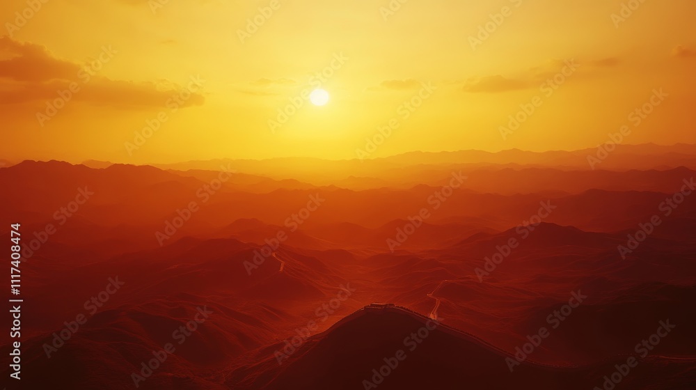 Obraz premium View of the Great Wall of China at sunset across the mountain in China - ai