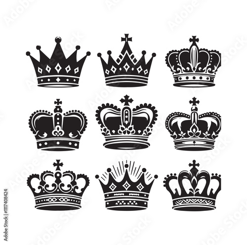 Kings crown icon set silhouette vector illustration