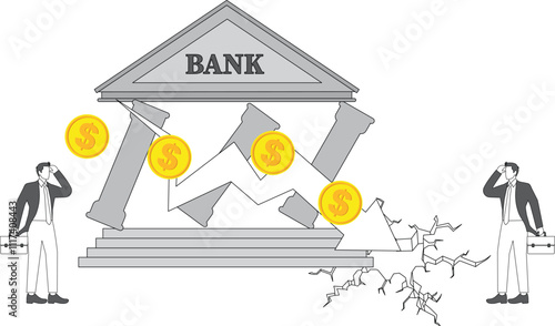 Subprime mortgage crisis, financial crisis or loan problems, bankruptcies, stock market losses, credit crisis and risk, businessmen falling off broken and failing banks