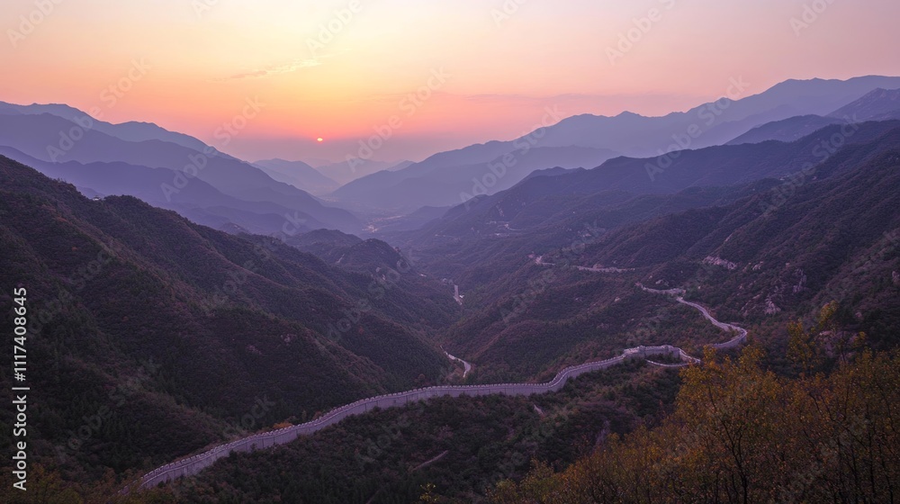View of the Great Wall of China at sunset across the mountain in China - ai View of the Great Wall of China at sunset across the mountain in China - ai