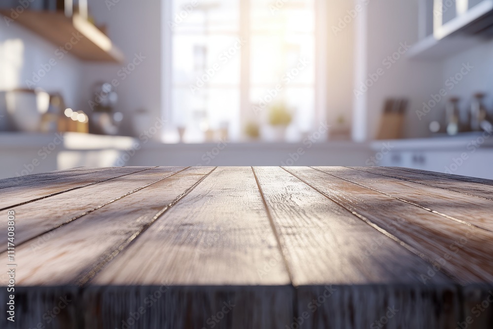 A close-up of a wooden table in a bright kitchen setting with natural light. A close-up of a wooden table in a bright kitchen setting with natural light.
