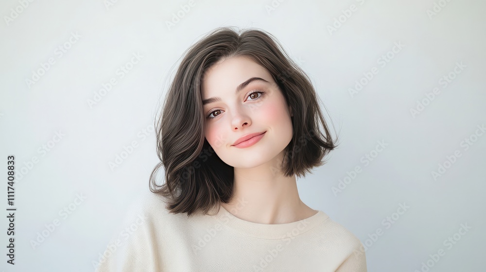 Elegant young woman with glowing short hairstyle with confidence and gentle smile. Modern beauty portrait with clean minimal composition showing healthy, rad
