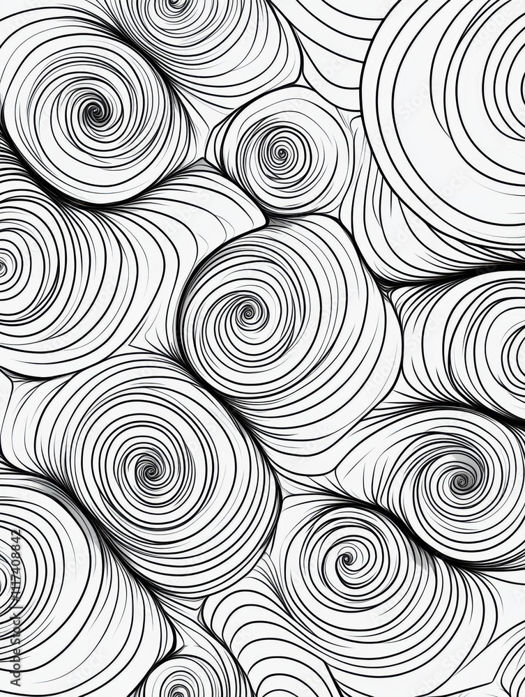 The image is a black and white drawing of a spiral pattern The image is a black and white drawing of a spiral pattern