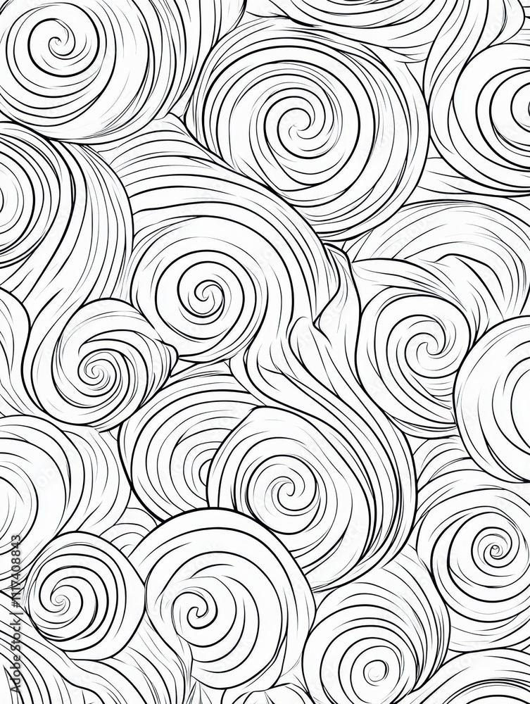 A black and white drawing of a spiral pattern A black and white drawing of a spiral pattern