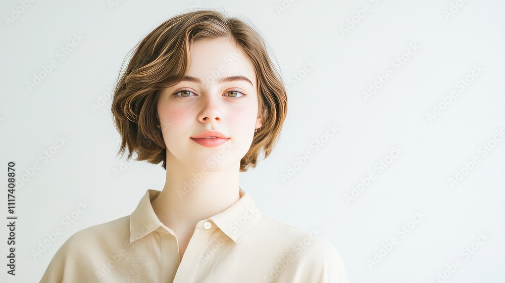 Elegant young woman with glowing short hairstyle with confidence and gentle smile. Modern beauty portrait with clean minimal composition showing healthy, rad Elegant young woman with glowing short hairstyle with confidence and gentle smile. Modern beauty portrait with clean minimal composition showing healthy, rad