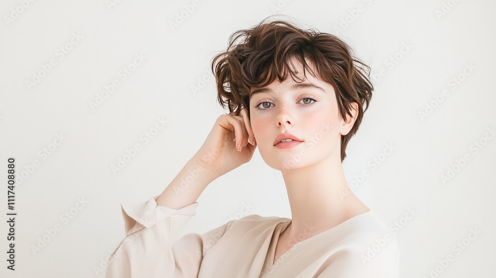 Elegant young woman with glowing short hairstyle with confidence and gentle smile. Modern beauty portrait with clean minimal composition showing healthy, rad Elegant young woman with glowing short hairstyle with confidence and gentle smile. Modern beauty portrait with clean minimal composition showing healthy, rad