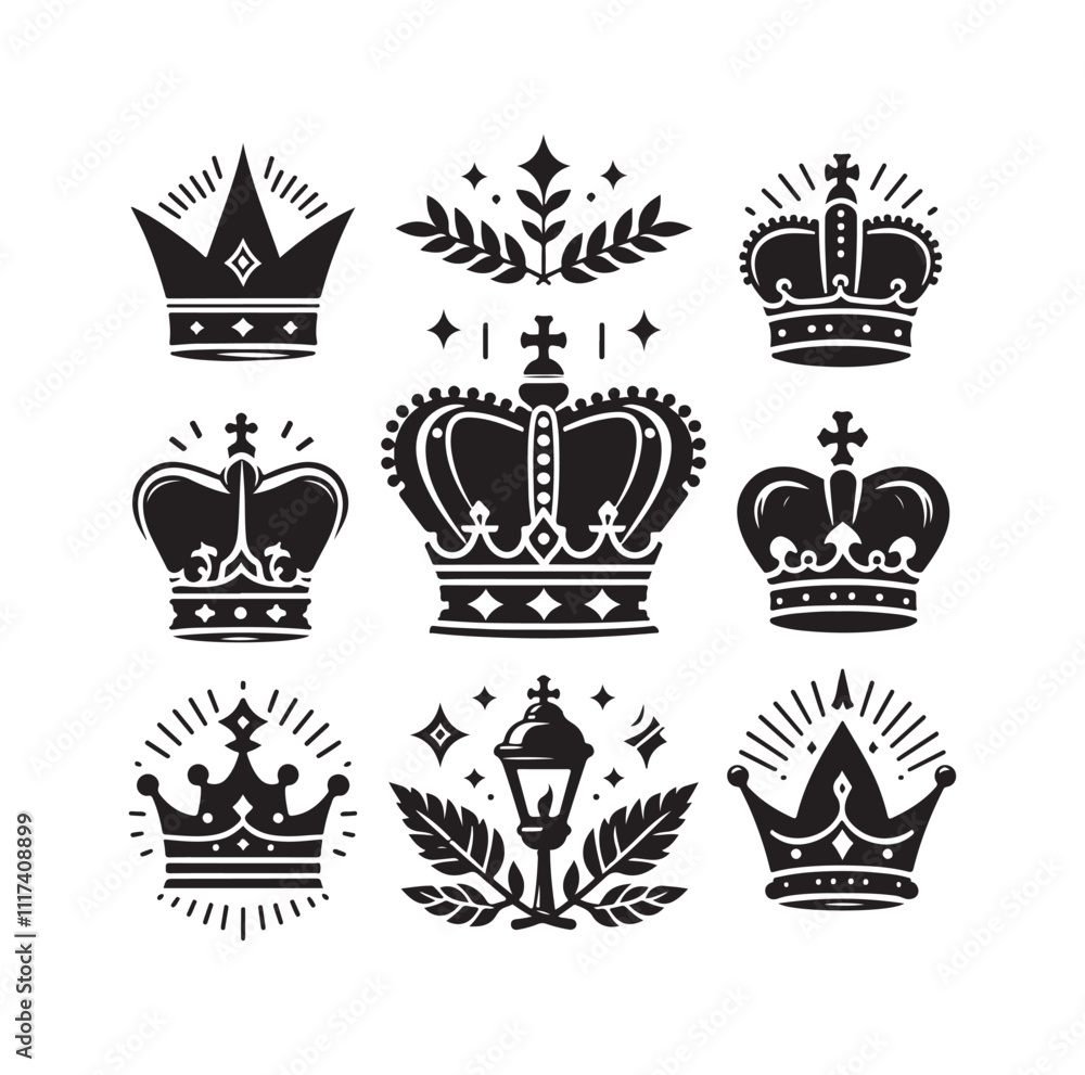 Fototapeta premium Kings crown icon set silhouette vector illustration