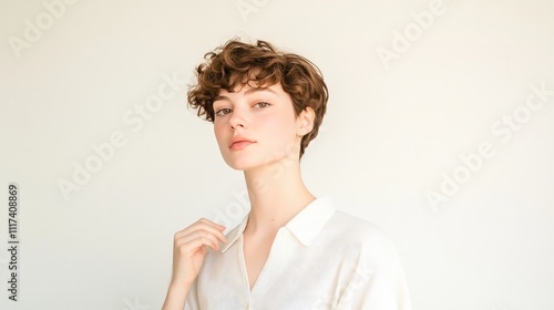 Elegant young woman with glowing short hairstyle with confidence and gentle smile. Modern beauty portrait with clean minimal composition showing healthy, rad
