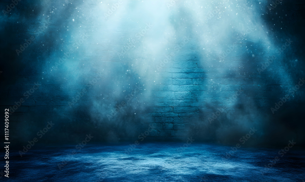 Mystical blue backdrop; atmospheric brick wall scene with ethereal light and fog, perfect for fantasy or dramatic compositions. Mystical blue backdrop; atmospheric brick wall scene with ethereal light and fog, perfect for fantasy or dramatic compositions.