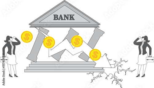 Subprime mortgage crisis, financial crisis or loan problems, bankruptcies, stock market losses, credit crisis and risk, businesswomen falling off broken and failing banks
