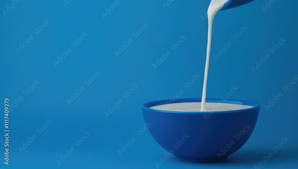 Milk pouring into a blue  bowl
