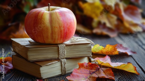 Vintage Autumn Apple and Book Stack on Wooden Table photo