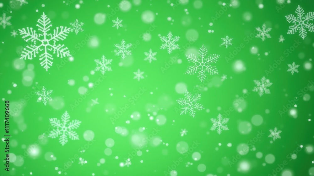 Winter Wonderland with Delicate Snowflakes Falling on a Green Background Winter Wonderland with Delicate Snowflakes Falling on a Green Background