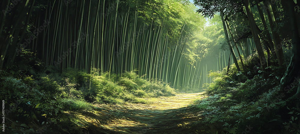 Narrow trail leading through a dense bamboo forest with the tall stalks towering above the hiker The soft rustling of leaves creates a peaceful ambiance in this serene setting Narrow trail leading through a dense bamboo forest with the tall stalks towering above the hiker The soft rustling of leaves creates a peaceful ambiance in this serene setting
