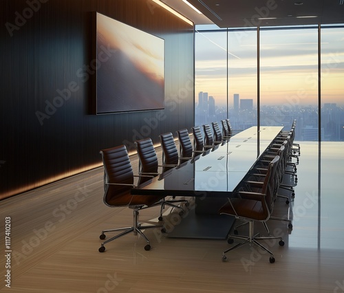 Conference table with armchairs and presentation display with city view photo