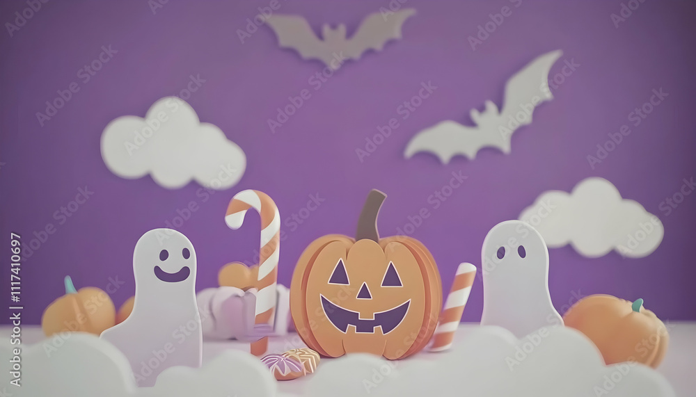 Fototapeta premium Adorable Halloween scene featuring a smiling jack-o'-lantern, friendly ghosts, candy canes, and pumpkins against a purple background. Perfect for Halloween cards or websites.