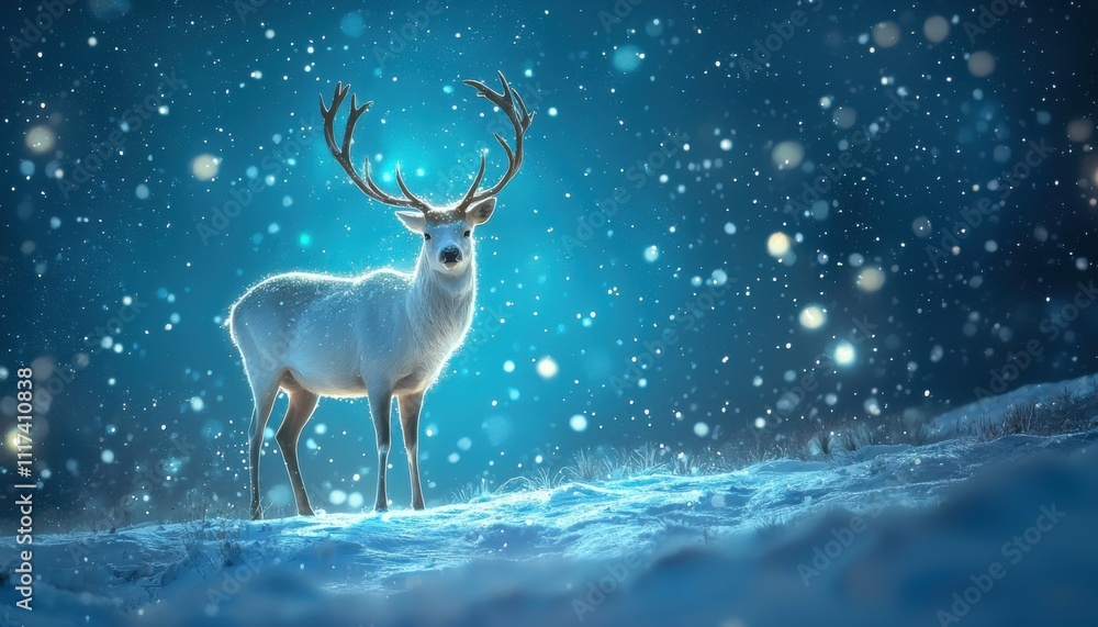 A serene snowy landscape featuring a majestic white deer amidst falling snowflakes. A serene snowy landscape featuring a majestic white deer amidst falling snowflakes.
