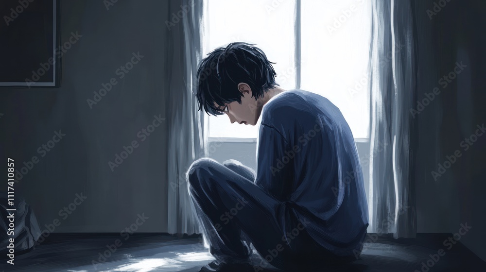 A solitary figure sits in a dimly lit room, reflecting on emotions and introspection. A solitary figure sits in a dimly lit room, reflecting on emotions and introspection.