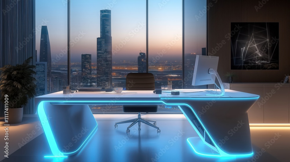 Obraz premium Modern office cabin with monitor, mouse, keyboard large windows for city view